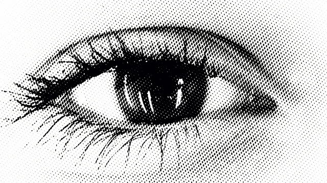 Macro, close up abstract woman eye blinking background video with halftone effect. Cartoon retro vintage style opening and closing eye. Technological vision, Innovative futuristic concepts.