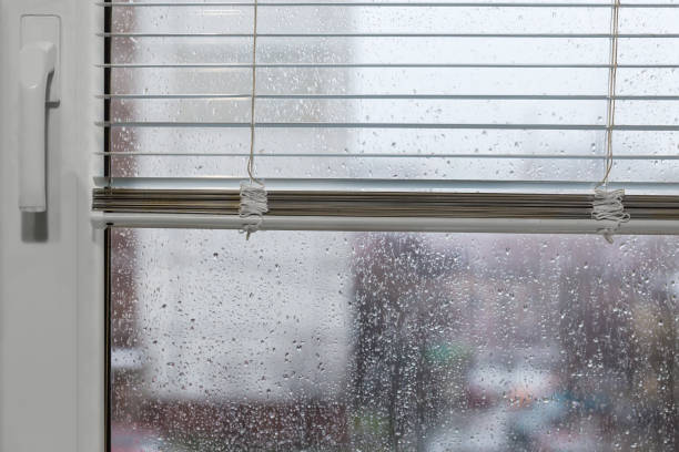 istock Window with partly open blinds and covered with water drops 1452969488