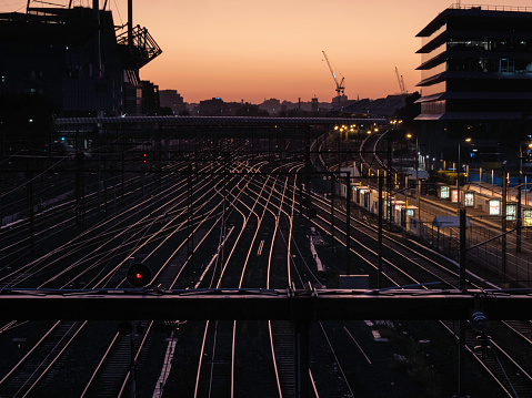Sunrise over the Melbourne Cricket Ground and Richmond train tracks