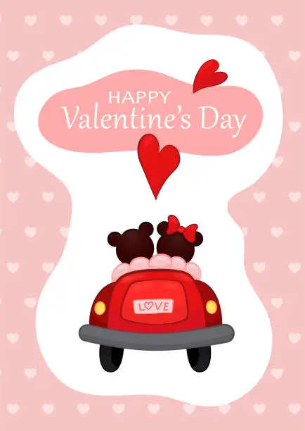 Vector illustration of happy valentine day card, cute teddy bear couple riding a car, cartoon style, vector illustration, A6