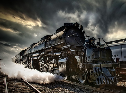 Wichita, United States – May 20, 2022: The Union Pacific Big Boy Steam Locomotive No. 4014 under a dramatic cloudy sky