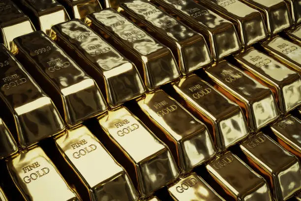 many gold bars close up back ground, 3d rendering