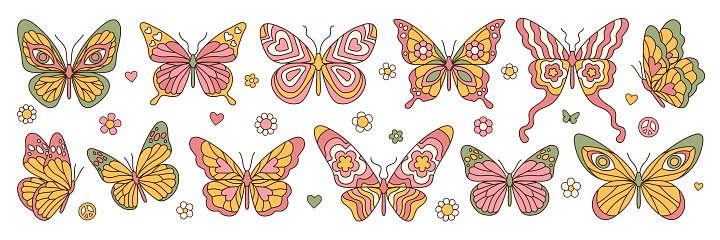 Groovy butterfly, daisy, flower stickers. Hippie 60s 70s elements. Floral romantic sign and symbols in trendy cute retro style. Yellow, pink colors.