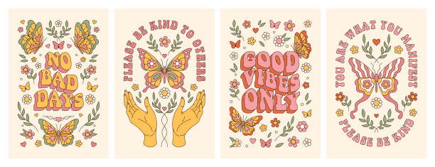 Groovy butterfly, daisy, flower. Hippie 60s 70s posters. Floral romantic backgrounds in retro style. Groovy butterfly, daisy, flower. Hippie 60s 70s posters. Floral romantic backgrounds in trendy cute retro style. Yellow, pink colors. Greeting card, sticker, cover, t-shirt print, party invitation. love and peace boho style background stock illustrations