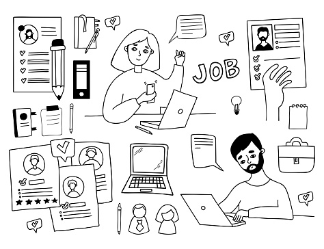 Collection doodle business and job search symbols. Woman and man work at laptop and correspond, resumes, questionnaires and documents. Vector illustration. outline drawing
