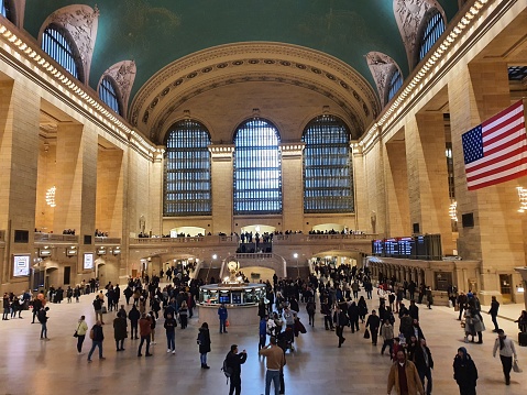 Grand Central Terminal Newyork,United States Nov 30 2019 :Tourist Pedestrians Crowd walk in New York Grand Central train and metro Station travel american lifestyle concept