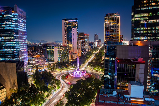 View of Paseo de Reforma in Mexico City, financial district at night