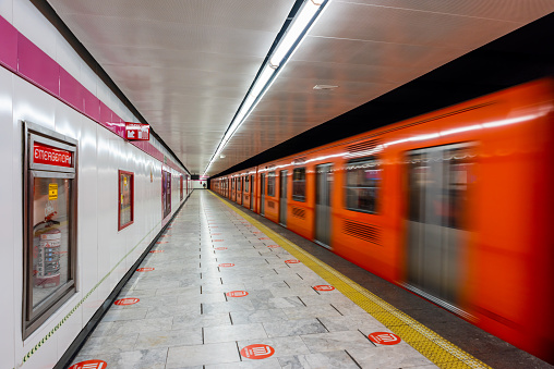 December, 8th, 2022. Mexico City. View of the Mexican subway fast. The Mexico City Metro is the metropolitan railway network of the Mexican capital, Mexico City and its metropolitan area. Its operation and exploitation is the responsibility of the decentralized public body called the Collective Transportation System.