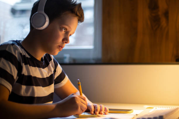 istock Teenage boy is attending an online class and taking notes. 1452993345