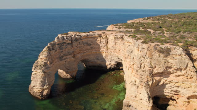 Aerial view of the Natural arch at Marinha beach, Portugal.