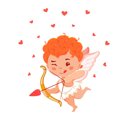 Cupid cute with bow and arrow. Vector illustration of cartoon red haired angel. Symbol of Valentine Day.