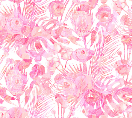 mix pink  watercolor silhouette seamless pattern with Ranunculus roses flowers and protea
