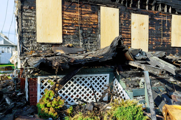 An interior disaster caused by a burning house after a fire ruined the building