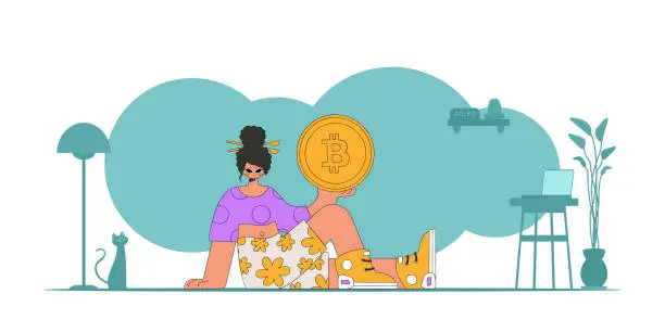 Vector illustration of The girl is holding a bitcoin. Cryptocurrency and fiat exchange concept.