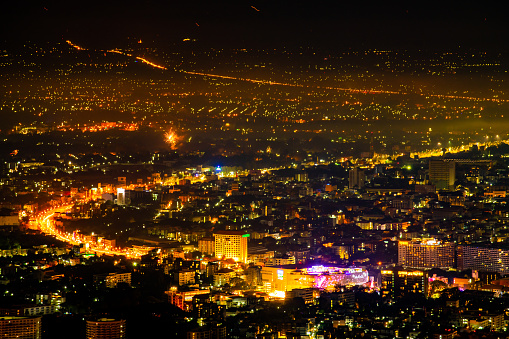 Chiangmai city with fireworks in the night, Thailand.