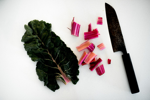 Ruby red chard with knife