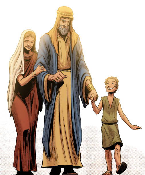 szczęśliwa rodzina błogosławiona przez boga, historie biblijne, hiob i jego rodzina - job stock illustrations