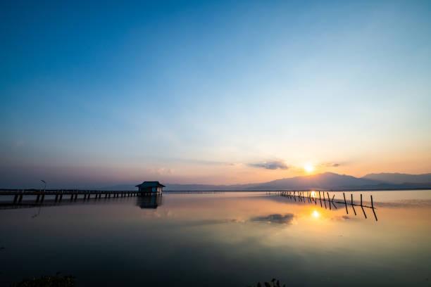 Landscape of peaceful floating season in Mekong Delta at the end of the annual rainy season. Floating water season brings local people many resources and charming river scenery
