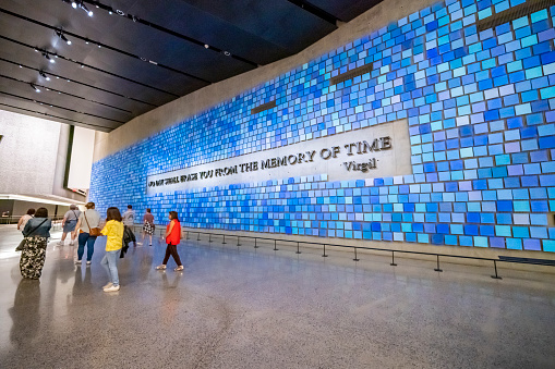 United States, New York City - September 13, 2019: Interior of The 9/11 Memorial & Museum, commemorating the September 11, 2001 attack, is located at the World Trade Center site.