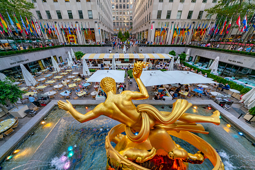 United States, New York City - September 14, 2019: Statue of Prometheus in Rockefeller Center, in Midtown Manhattan, commissioned by the Rockefeller family.