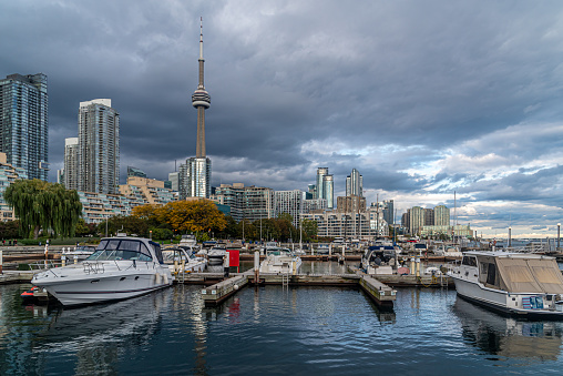 Evening skyline of Toronto, Canada from Marina Quay West