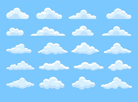 Set of clouds. Collection of graphic elements for website. Symbol of tenderness and love, care. Climate and atmosphere, weather. Cartoon flat vector illustrations isolated on blue background