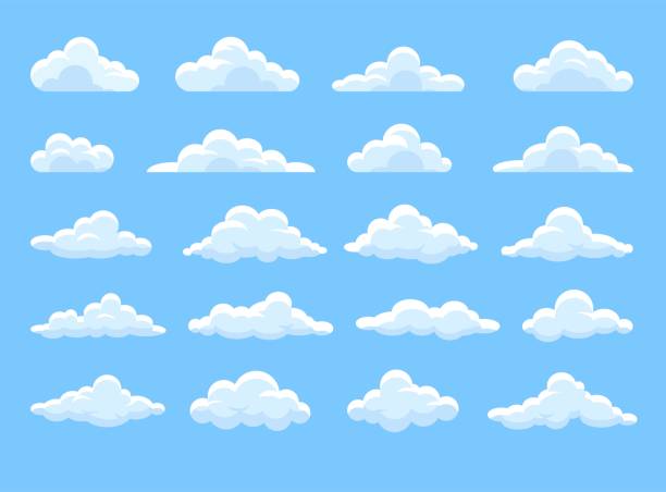 Set of clouds Set of clouds. Collection of graphic elements for website. Symbol of tenderness and love, care. Climate and atmosphere, weather. Cartoon flat vector illustrations isolated on blue background clouds stock illustrations