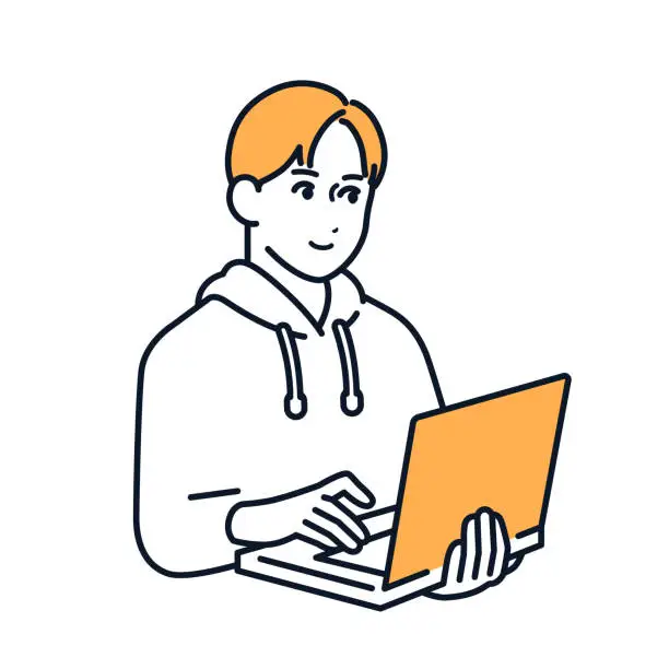 Vector illustration of Simple vector illustration material of a casual young man with a laptop