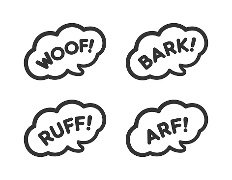 Dog bark animal sound effect text in a speech bubble balloon clipart set. Cartoon comics and lettering. Simple black and white outline flat vector illustration design on white background.