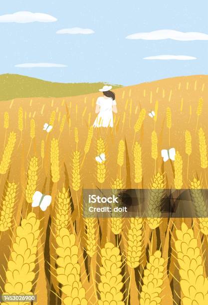 Rural Field With Ripe Wheat And Woman Cereal Rye Field Yellow Gold Autumn Agricultural Plant Agricultural Wheat Harvest Blue Sky Cloud Watercolor Hand Drawn Style Flat Vector Illustration Stock Illustration - Download Image Now