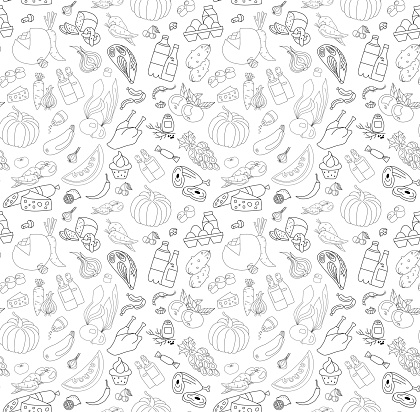 Black and white seamless pattern with groceries, vegetables and fruits, hand drawn vector illustration
