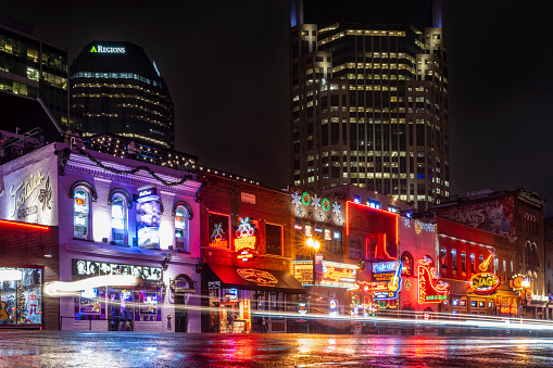 Nashville, December 6, 2022: Broadway Street by night.