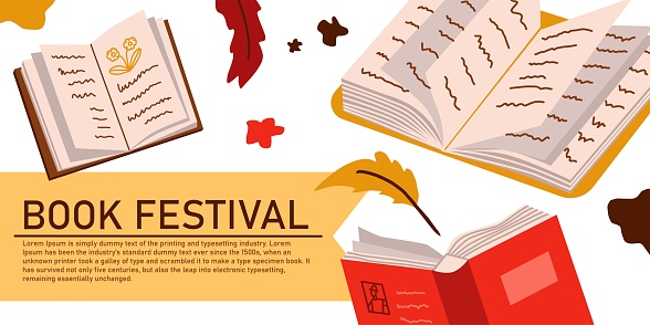 Banner for book festival. A variety of books, pens and drops of ink are depicted in the background. Vector illustration in flat cartoon about reading