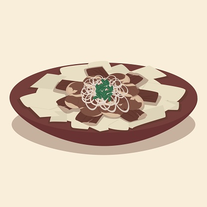 Beshparmak is the Kazakh national meal of meat, onion and kazy and dough. Vector illustration