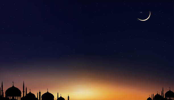 istock Islamic background,Ramadan Kareem design with Silhouette Dome Mosques,Crescent Moon on Sunset Sky,Vetor Ramadhan Night with twilight dusk sky for Islamic religion,Eid al-Adha,Eid Mubarak,Eid al fitr 1453037699