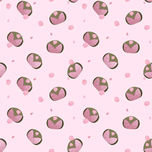 Sakuramochi cute seamless pattern. Japanese rice cake wrapped in a pickled cherry blossom, sakura leaf. Vector illustration. Cartoon style. Sakuramochi cute seamless pattern. Japanese rice cake wrapped in a pickled cherry blossom, sakura leaf. Vector illustration, cartoon style. mochi cherry blossom cake stock illustrations