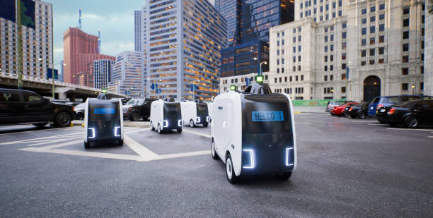 istock Autonomous delivery robot standby at parking lot, Smart logistics technology concept,  3d render 1453037963