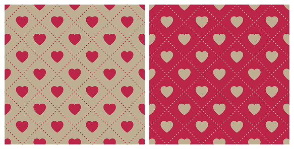 Trend color of the year 2023 Viva Magenta. Seamless heart shape pattern background. Design texture elements for fabric, tile, banner, template, card, cover, poster, backdrop, wall. Vector illustration.