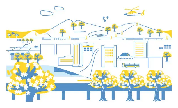 Vector illustration of Stations where long-distance trains stop in local cities where cherry blossoms are famous llustration material