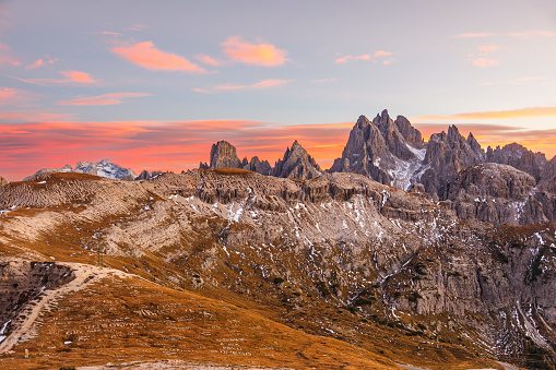 Sunset in the dolomites in Parco naturale tre cime