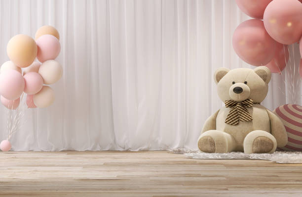 Empty modern, minimal stage room with white sheer drape curtain, large bear doll, pink balloon for event party backdrop Empty modern, minimal room with white sheer drape curtain, large bear doll, pink balloon, rug on wooden parquet floor in sunlight from window for luxury party product display backdrop pink teddy bear stock pictures, royalty-free photos & images