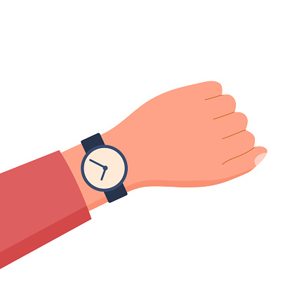 Wristwatch on female arm in flat design on white background.