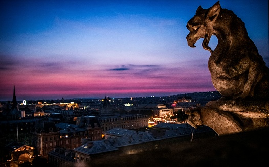 A closeup shot of a dragon sculpture on Notre Dame over a background of the city and the colorful sky