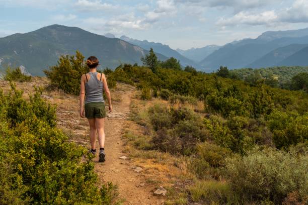 istock Woman Trekking between the fields of Las Latas Aragon Pyrenees 1453049211