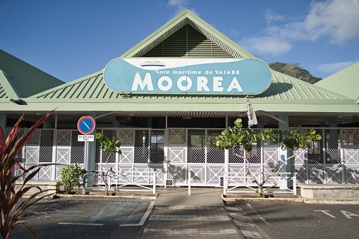 Moor, France – July 29, 2022: Moorea port closed waiting to start operations at summer sunny day