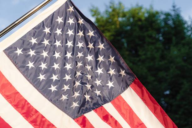 istock US flag on a pole waving in the wind 1453054495