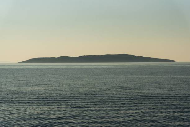 istock Seascape view at sunrise with misty mountains and clear sky background 1453055307