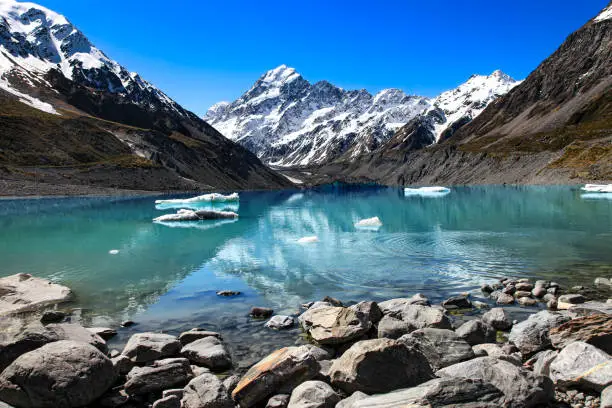The alpine scenery of Mt. Cook (Aoraki), New Zealand's highest mountain in the Southern Alps with ice brgs calving from Hooker Glacier into the Hooker Lake.