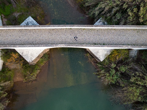 An aerial view of a person standing on the bridge over the river surrounded by trees