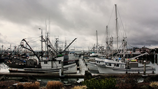 Bellingham, United States – January 30, 2009: Commercial fishing boats moored at Bellingham Harbour on a cloudy, dreary, overcast day.